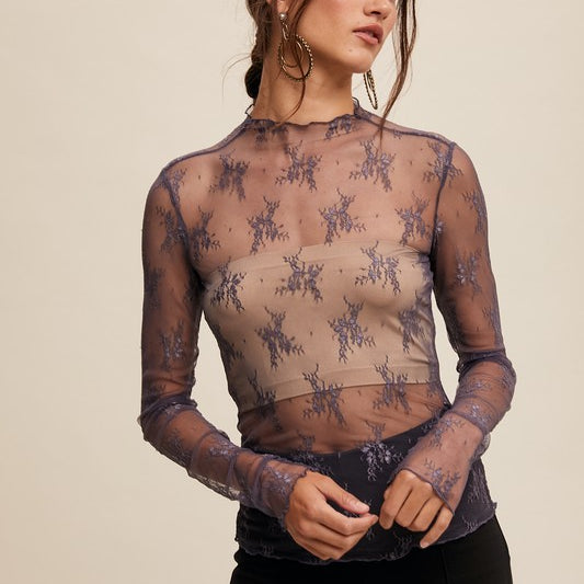 Listicle Lace Mock Neck Long Sleeve Layering Top