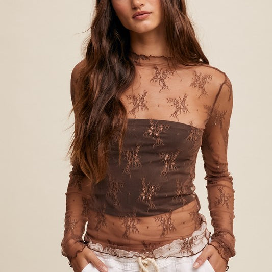 Listicle Lace Mock Neck Long Sleeve Layering Top