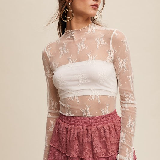 Listicle Lace Mock Neck Long Sleeve Layering Top