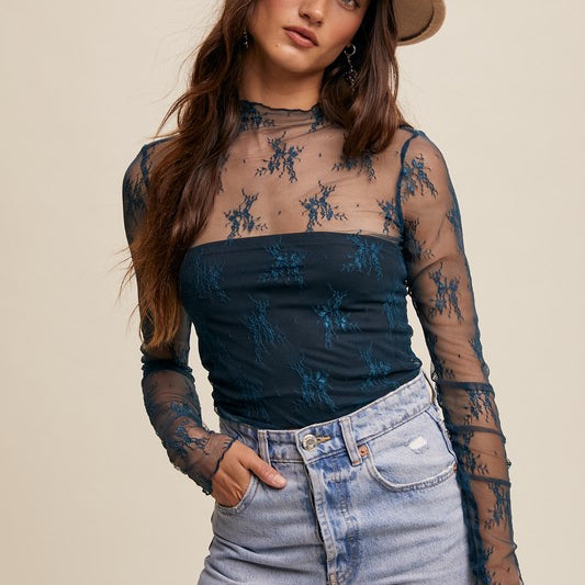 Listicle Lace Mock Neck Long Sleeve Layering Top