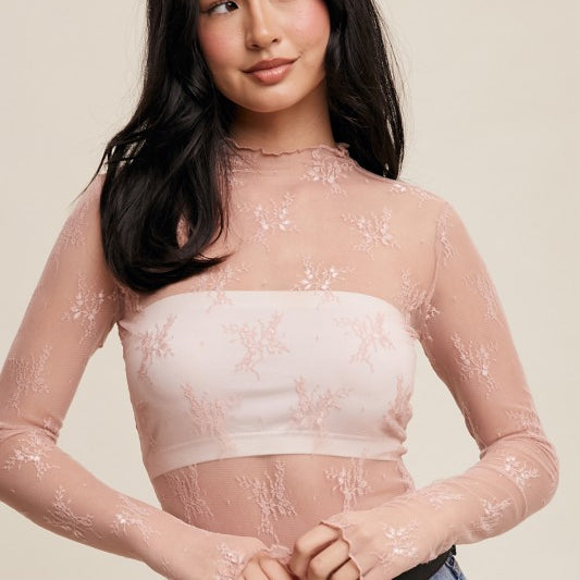 Listicle Lace Mock Neck Long Sleeve Layering Top