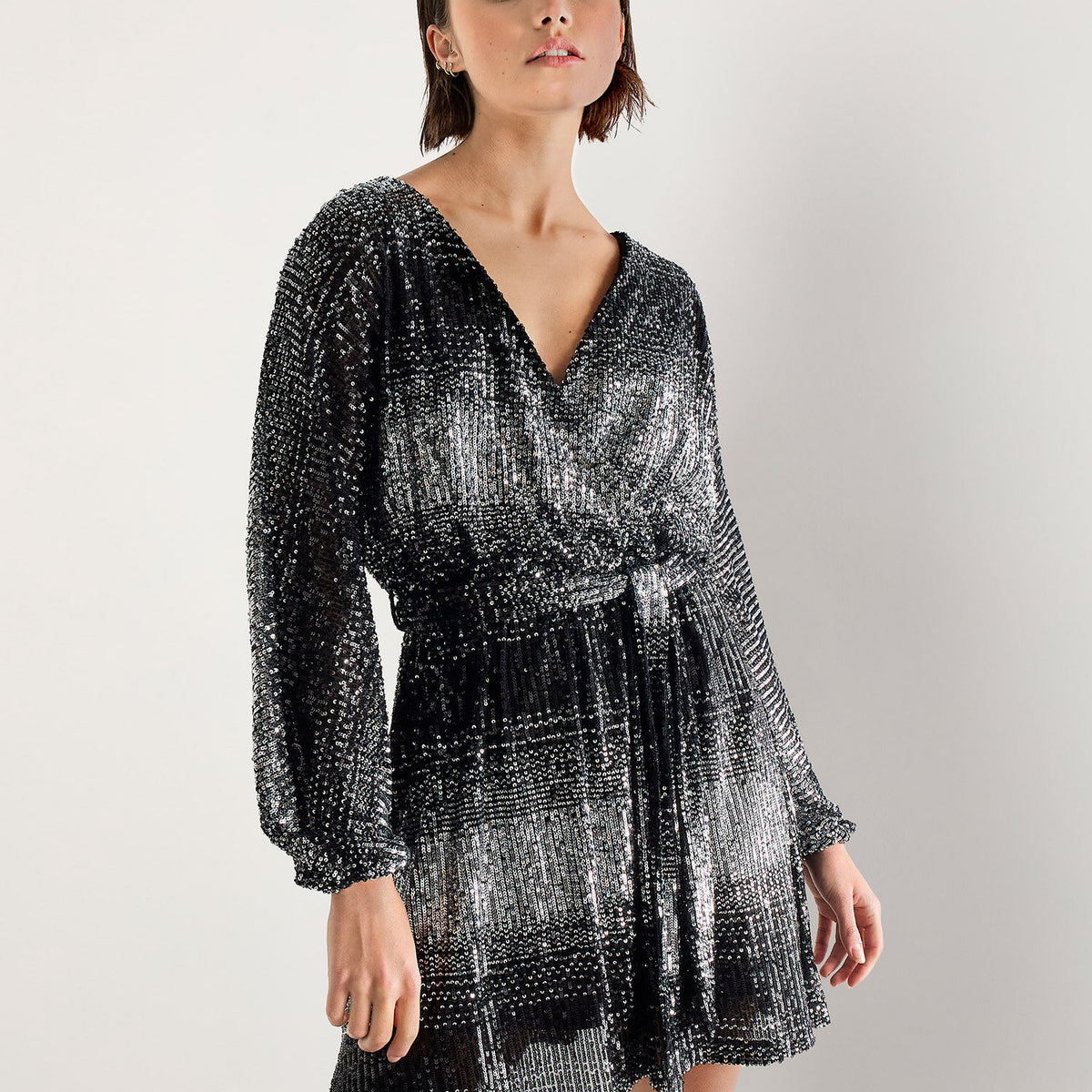 Apricot Ombre Sequin Short Wrap Dress- Black/Silver Small