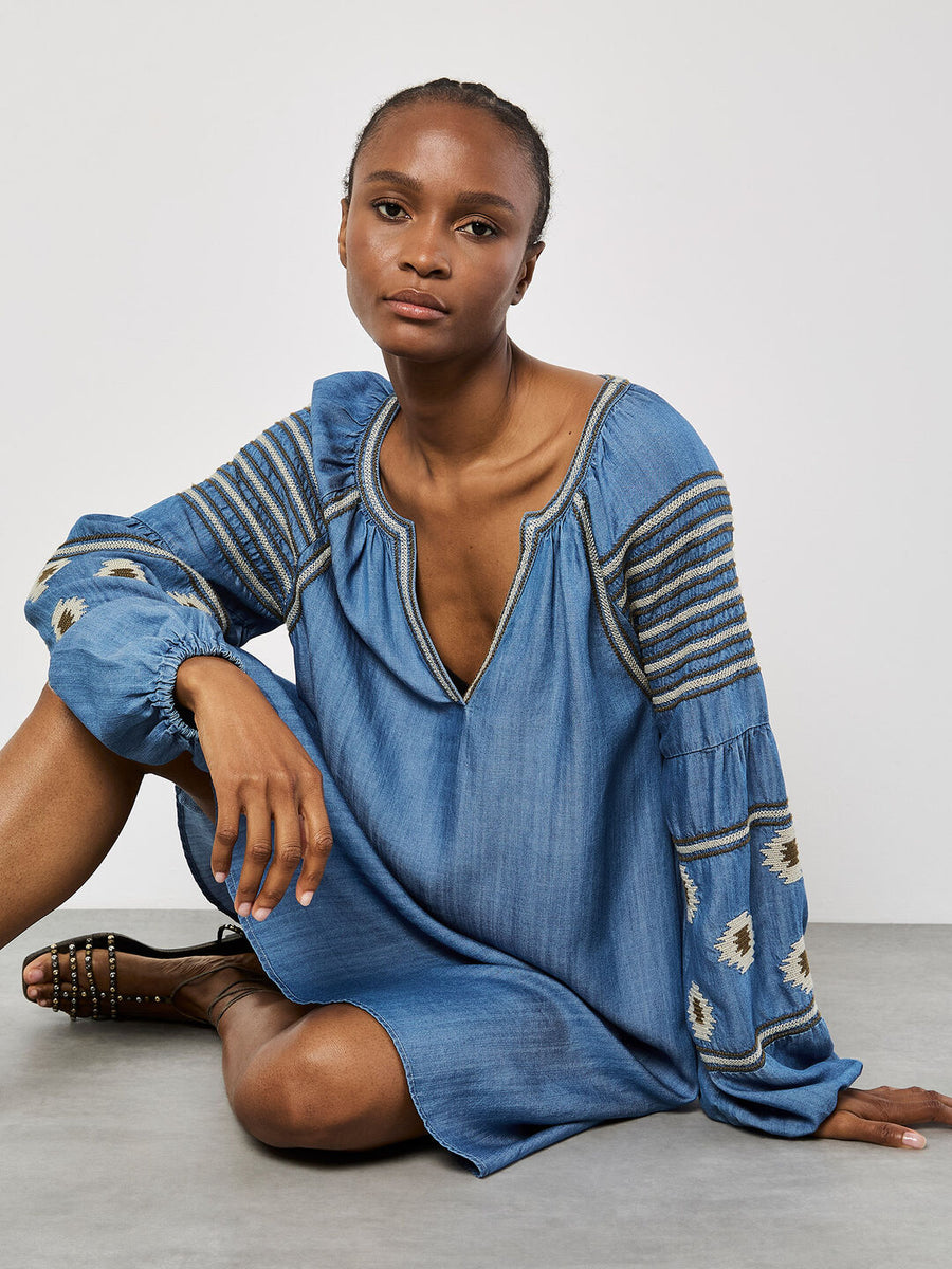 white christmas dresses Apricot Aztec Embroidered Denim Mini Dress w/ Balloon Sleeve- Mid Blue –  Howard & Marge Boutique