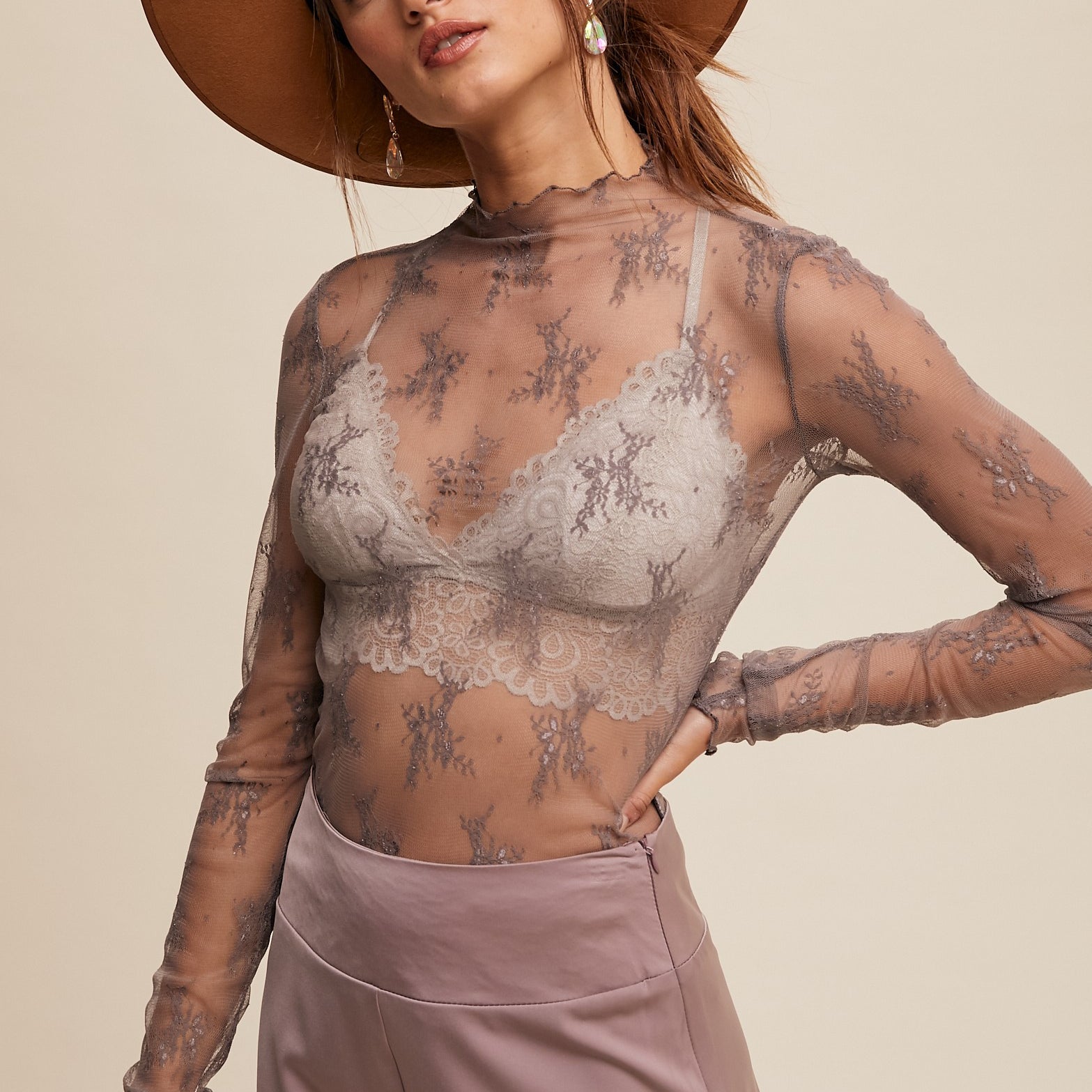 Listicle Lace Mock Neck Long Sleeve Layering Top