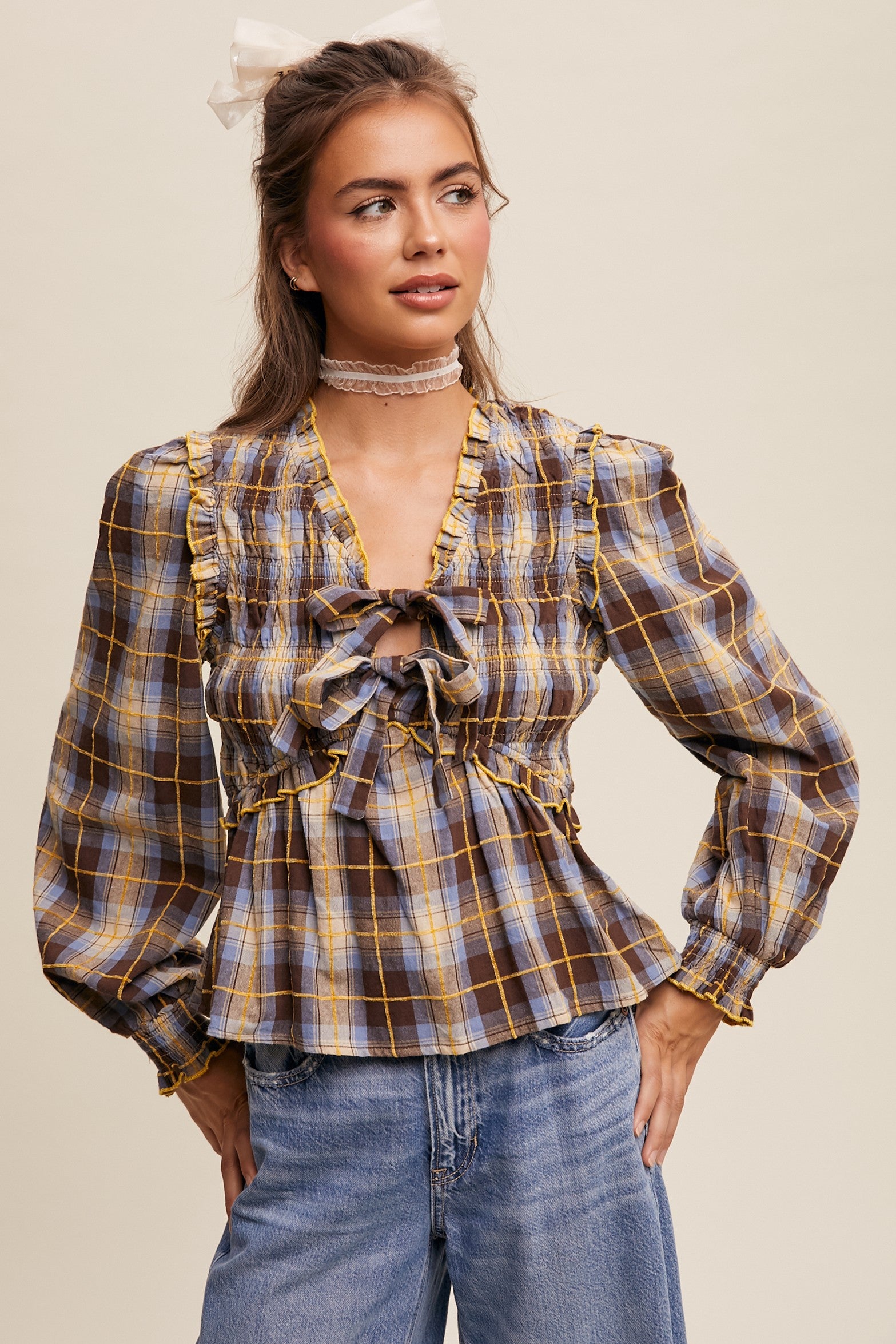 Listicle Plaid Front Bow Tie Long Sleeve Smocked Blouse Top