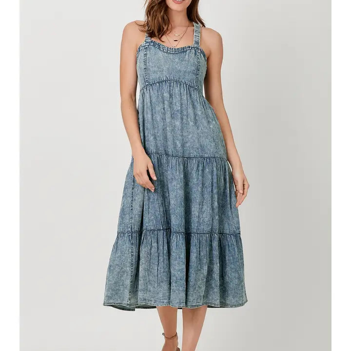 Mystree Women's Tencel Tiered Dress, Denim Blue