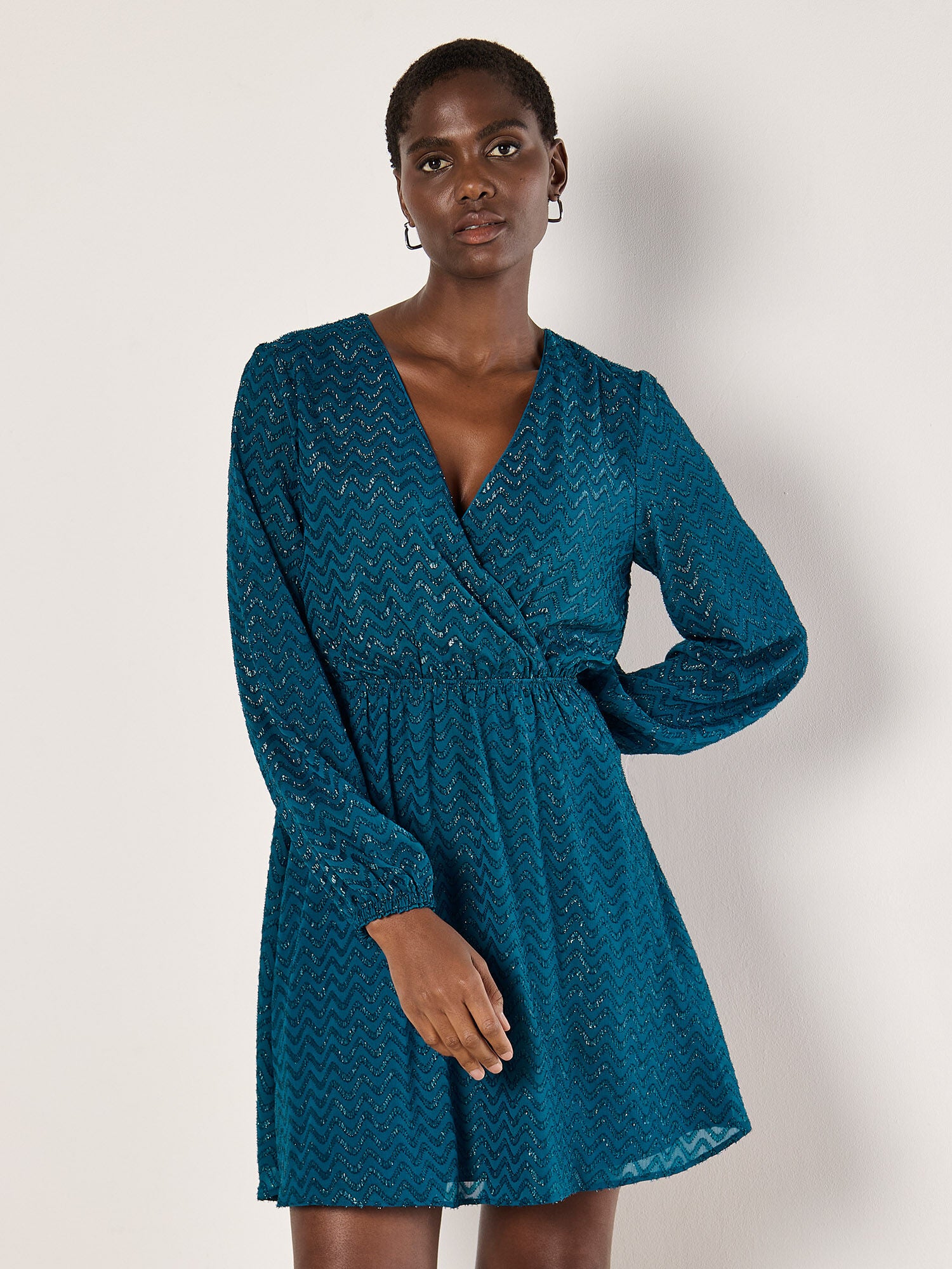 Apricot Chevron Shimmer Jacquard Mini Wrap Dress Teal