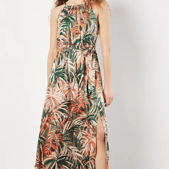 Apricot Painterly Tropical Midi Dress