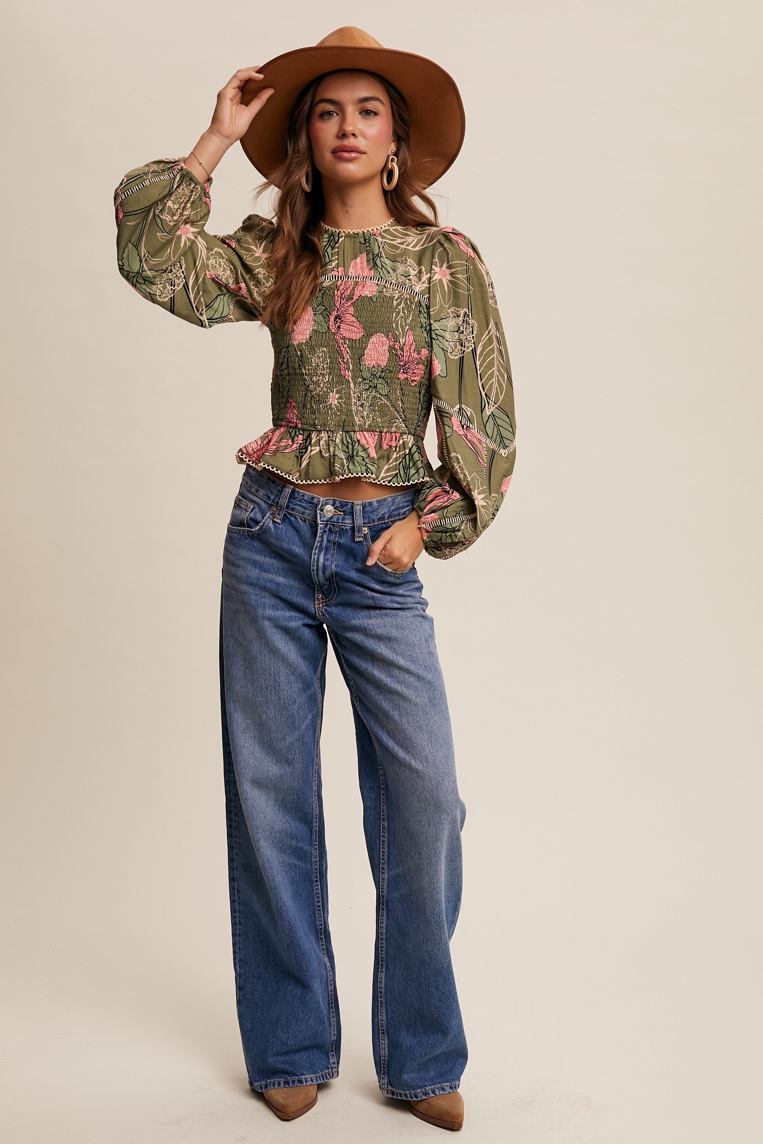 Listicle Floral Print Smocked Puff Sleeve Blouse Top- Olive