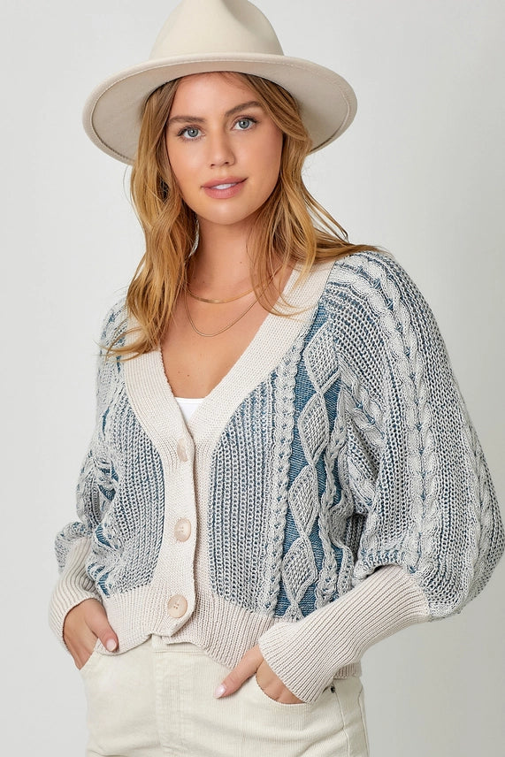 Mystree Mixed Weaving Button Cardigan Sweater Washed Blue Howard Marge Boutique