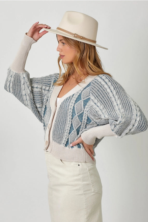 Mystree Mixed Weaving Button Cardigan Sweater Washed Blue Large