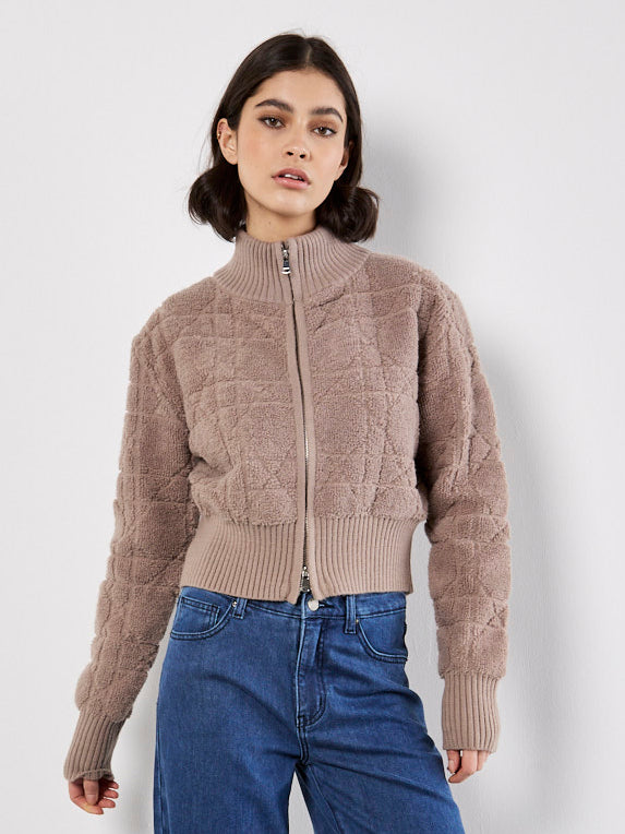 Apricot High Neck 3D Textured Rib Edge Zip Jacket- Light Brown – Howard ...